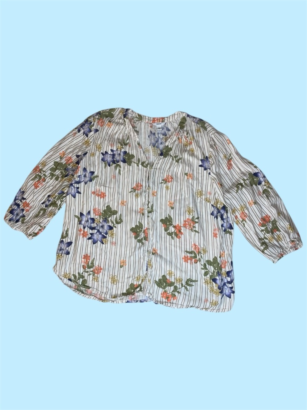 Sonoma Striped Button Down Top with Blue and Pink Floral Details